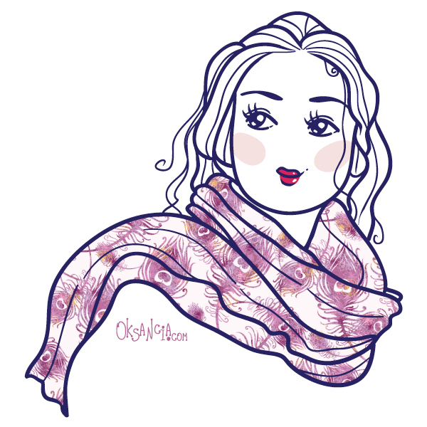 Lady with purple eather scarf - illustration and fabric design by Oksancia