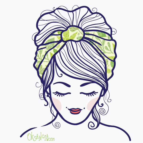 Lady with green leaves scarf - illustration and fabric design by Oksancia