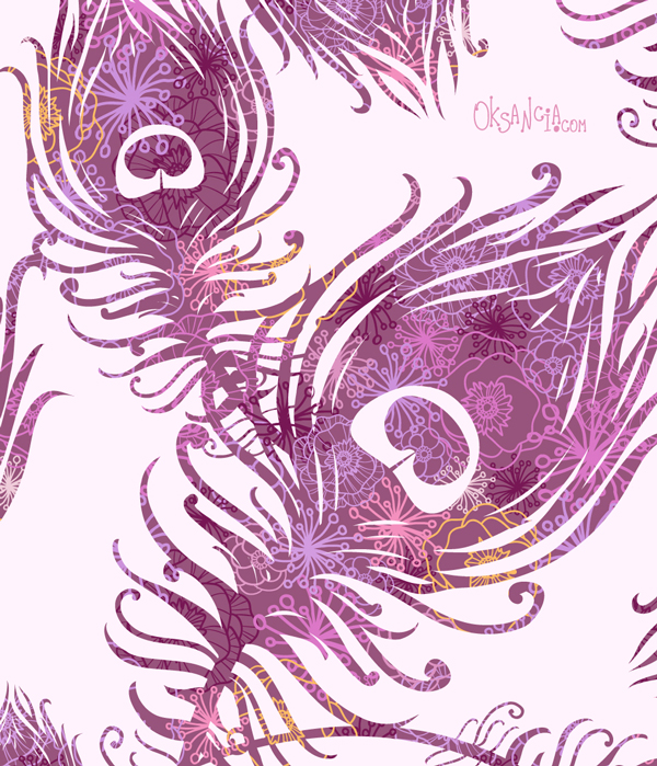 Purple feathers vector seamless pattern - detail